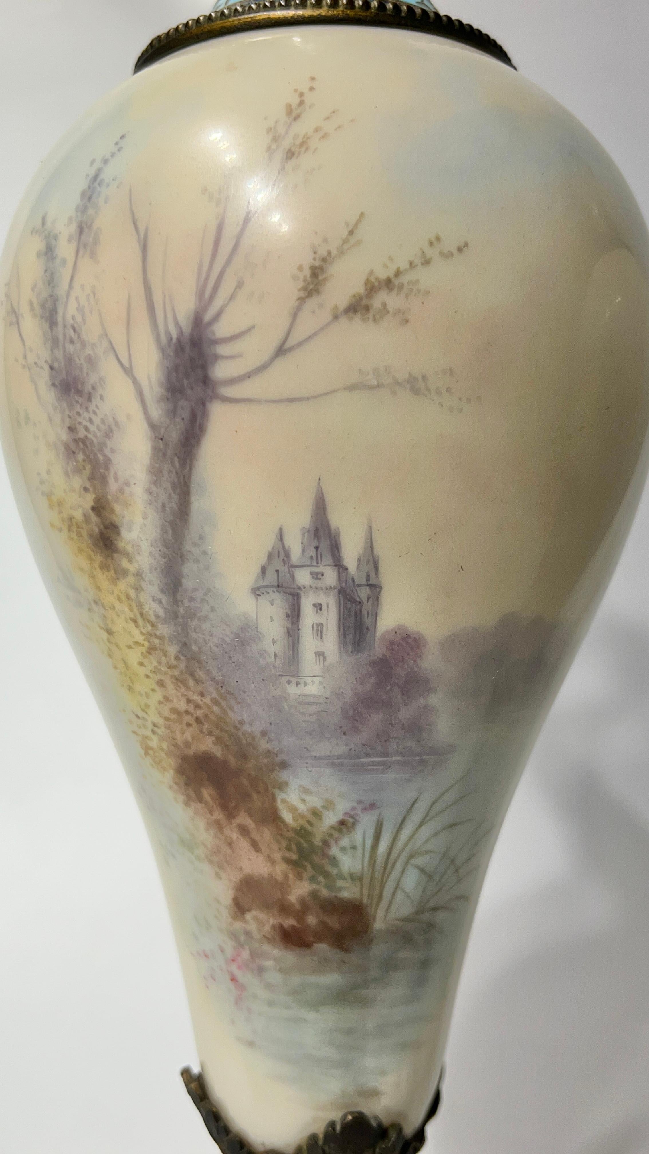 Pair 19th Century French Louis XVI Style Champleve Enemeled Bronze Porcelain Urn 4
