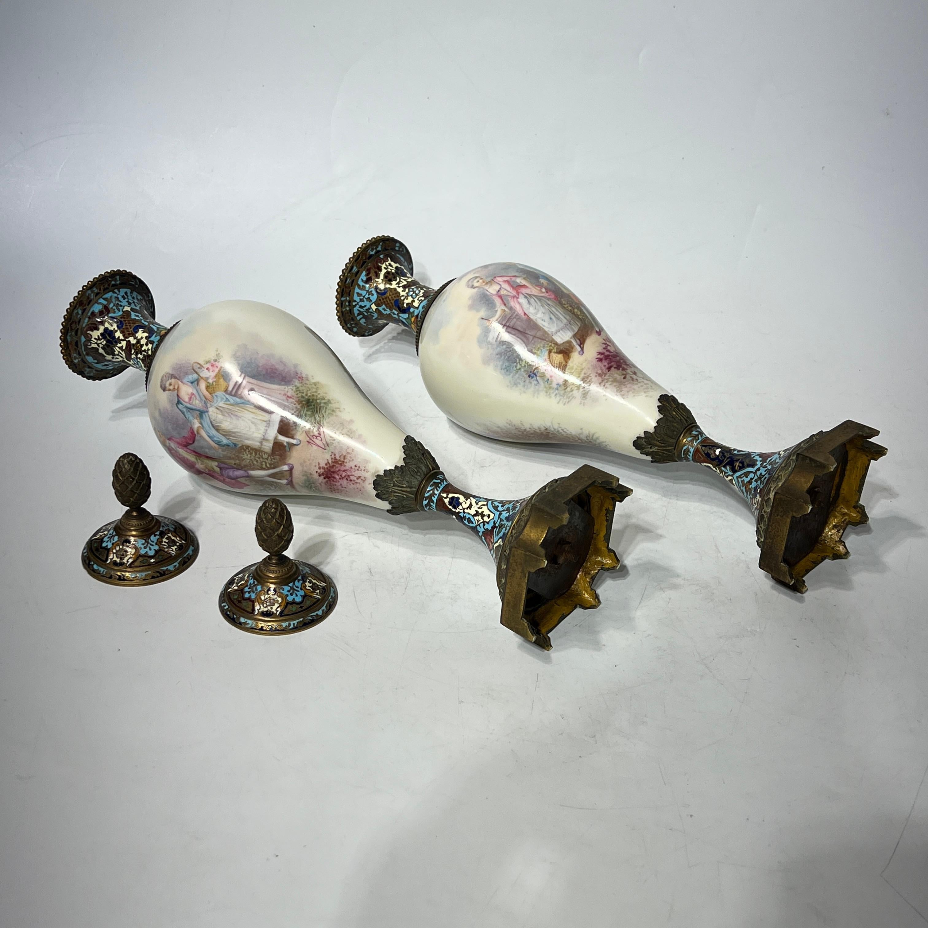 Pair 19th Century French Louis XVI Style Champleve Enemeled Bronze Porcelain Urn 6