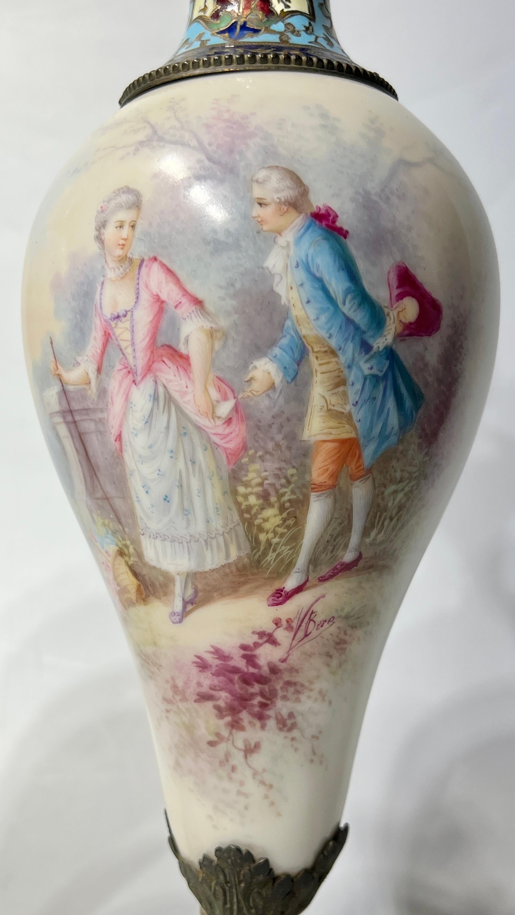 Champlevé Pair 19th Century French Louis XVI Style Champleve Enemeled Bronze Porcelain Urn