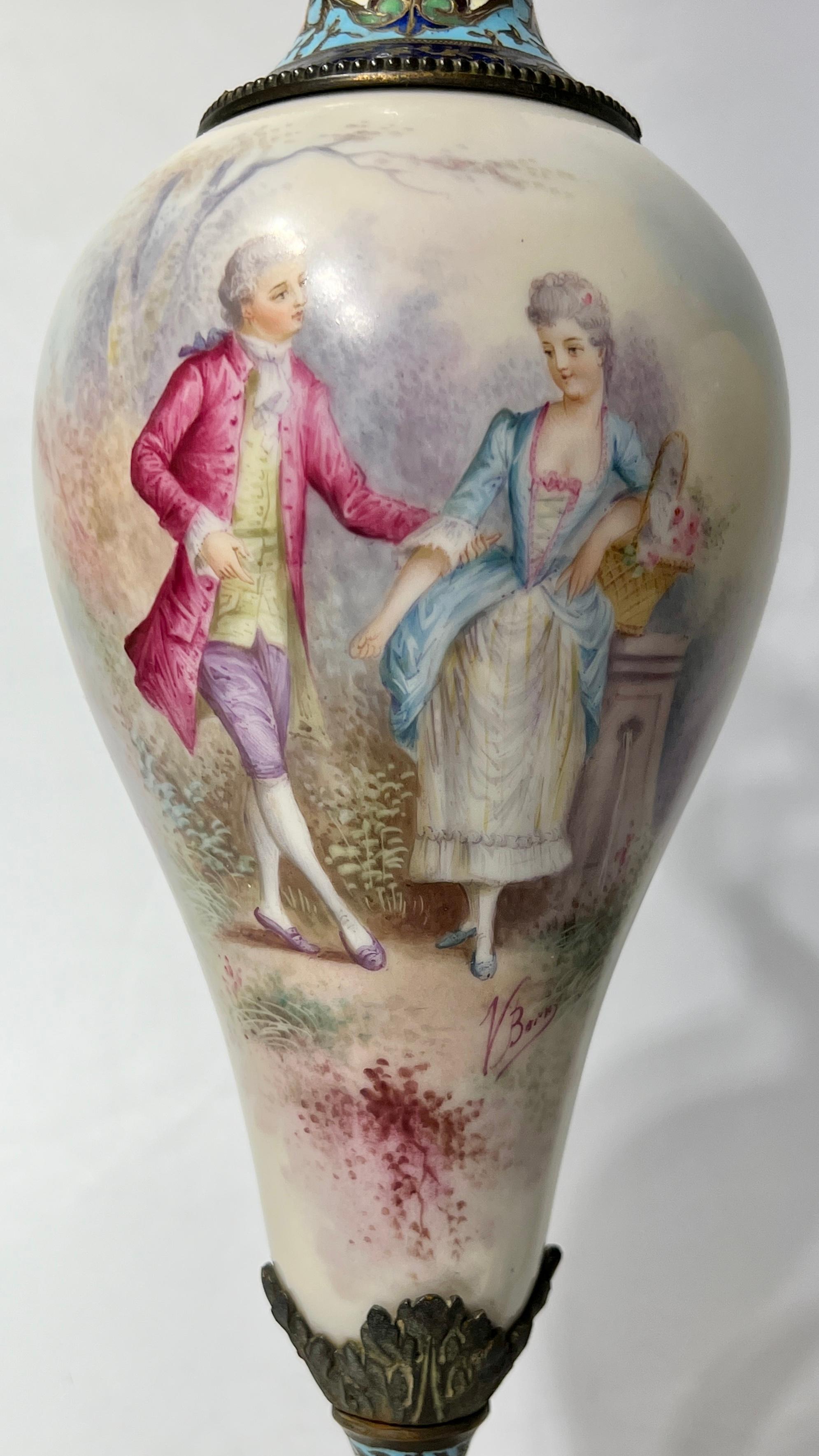 Pair 19th Century French Louis XVI Style Champleve Enemeled Bronze Porcelain Urn In Good Condition In New York, NY