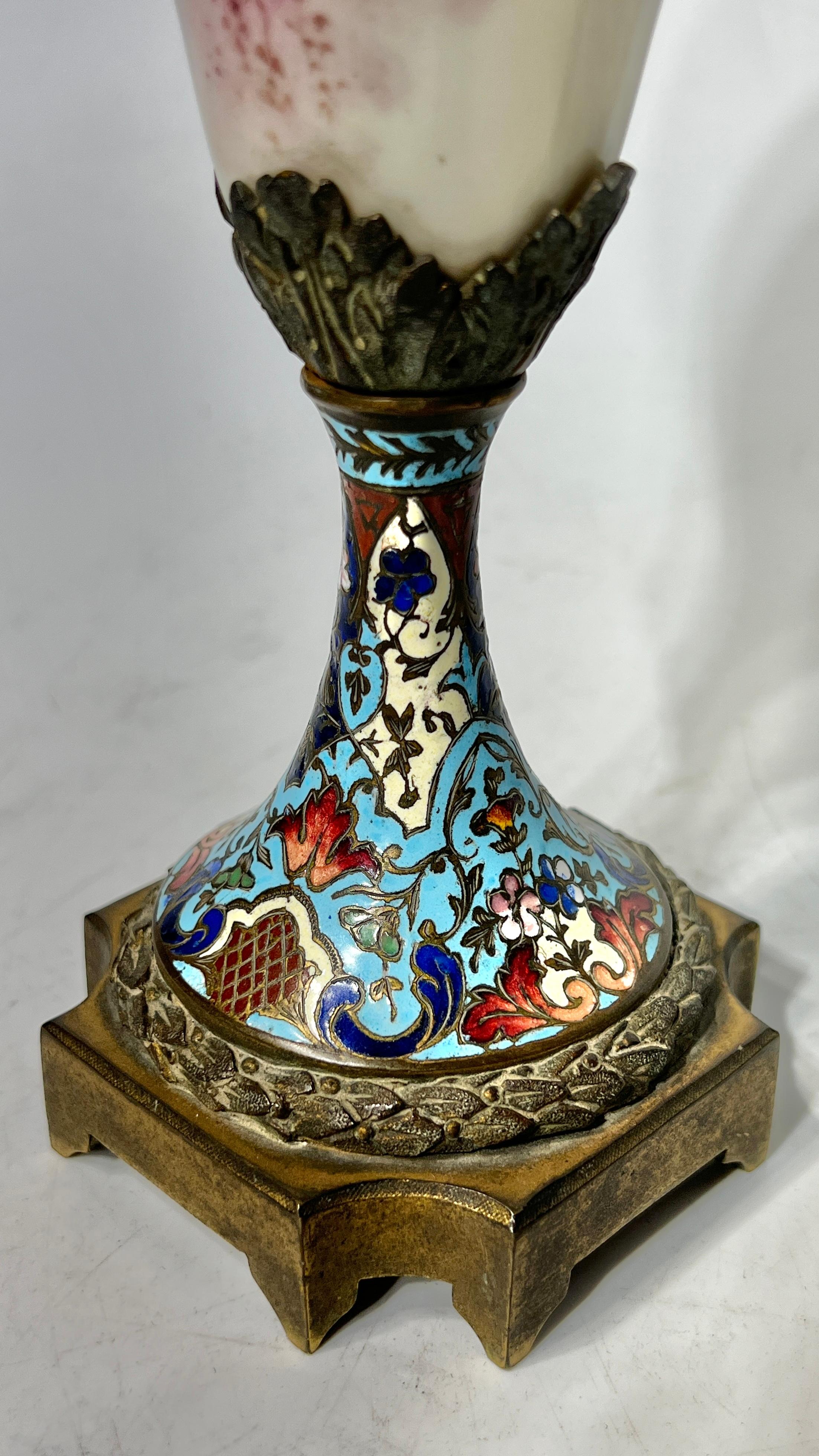 Pair 19th Century French Louis XVI Style Champleve Enemeled Bronze Porcelain Urn 1