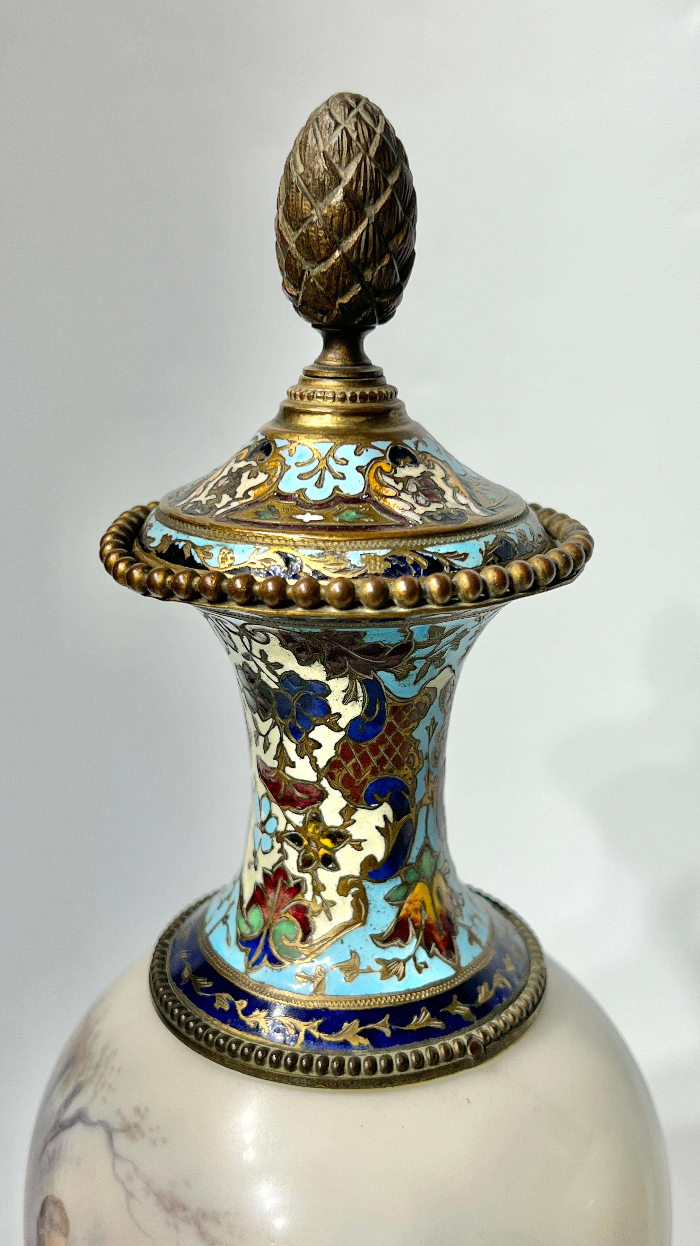 Pair 19th Century French Louis XVI Style Champleve Enemeled Bronze Porcelain Urn 2