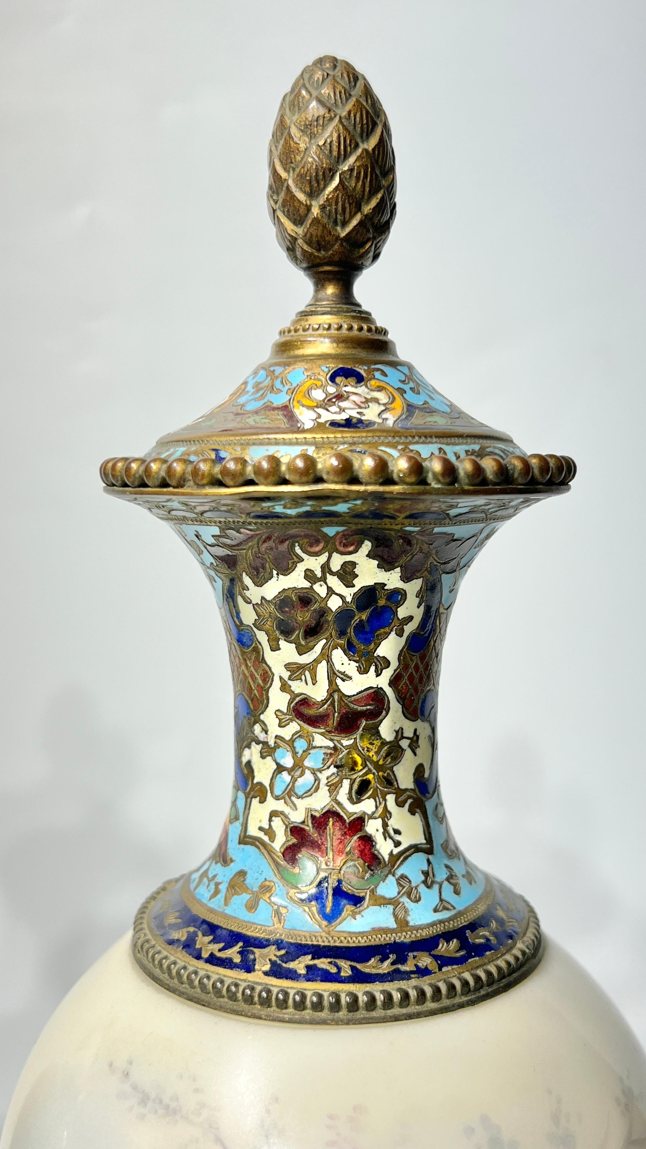 Pair 19th Century French Louis XVI Style Champleve Enemeled Bronze Porcelain Urn 3