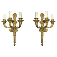 Antique Pair 19th Century French Louis XVI Style Gilt Bronze 3-Light Sconces Wall Lights