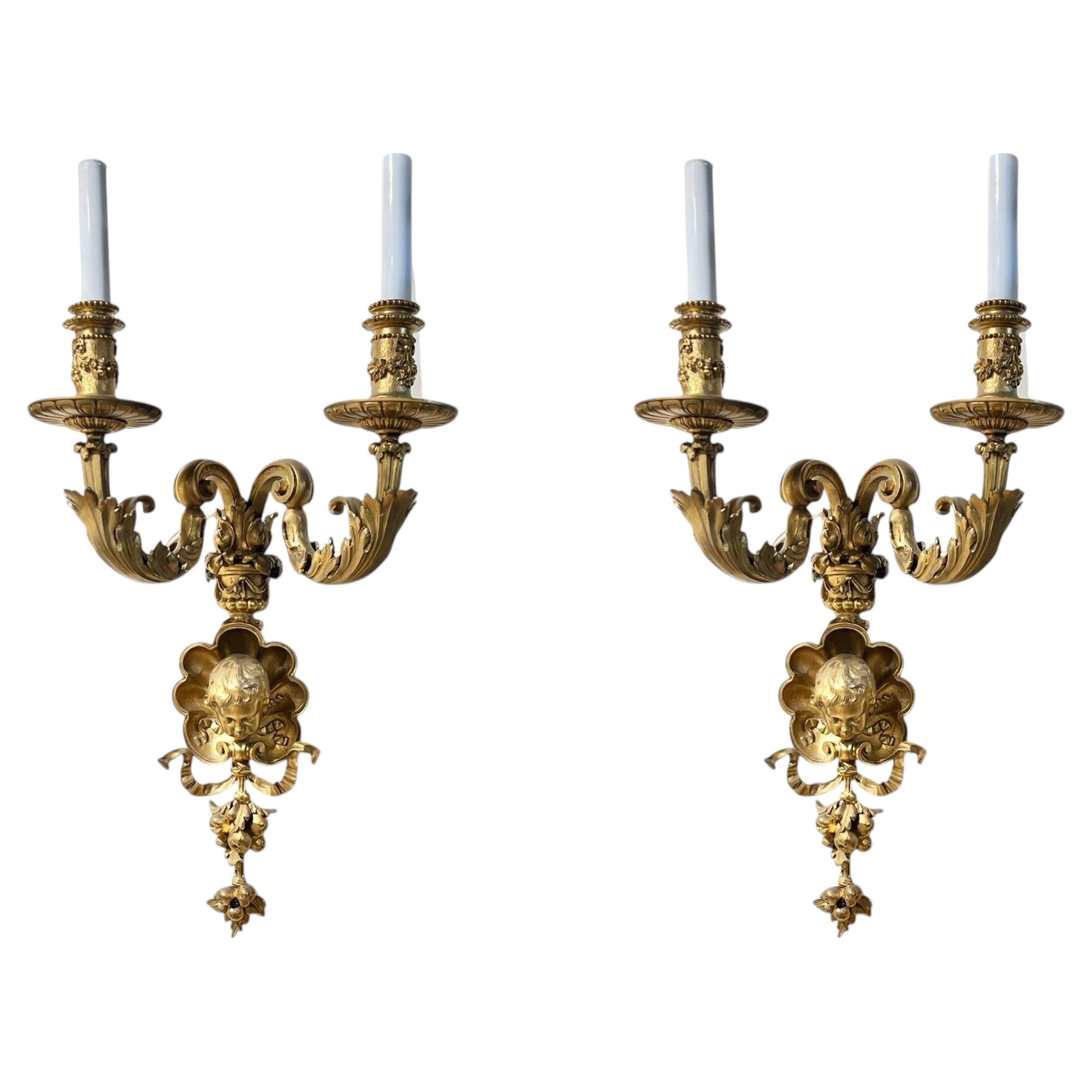 Pair 19th Century French Louis XVI Style Gilt Bronze Two Light Sconces