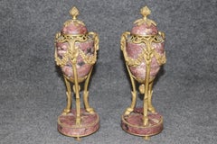 Pair 19th Century French Louis XVI Style Ramhead Bronze and Marble Cassolettes
