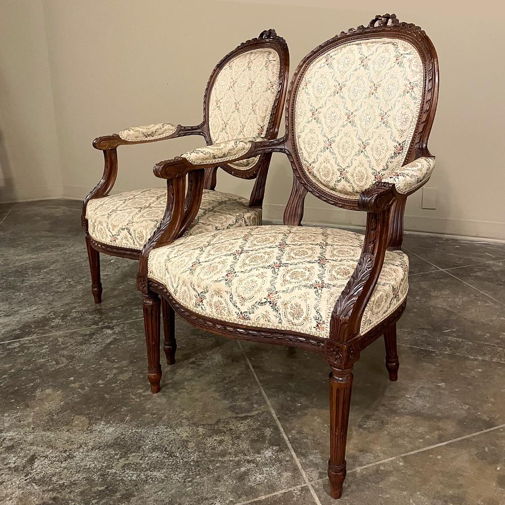 Late 19th Century Pair 19th Century French Louis XVI Walnut Armchairs ~ Fauteuils For Sale