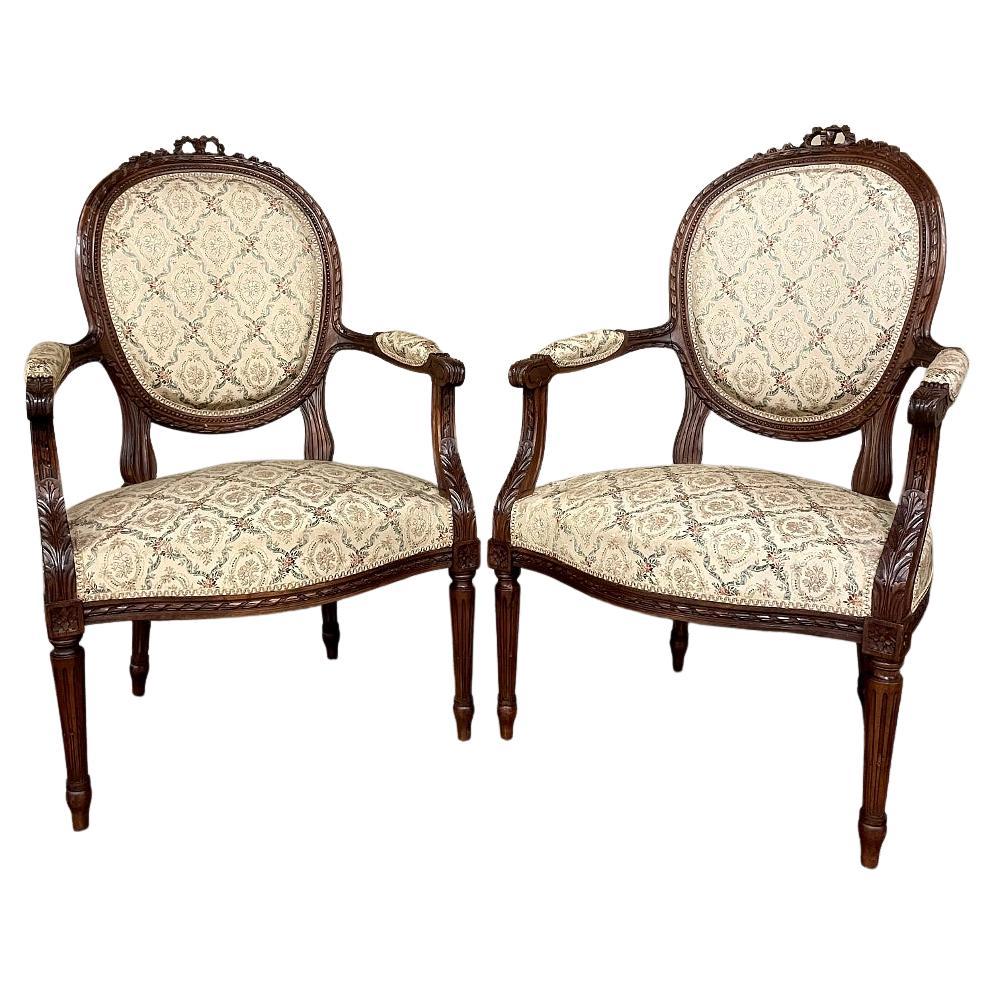 Pair 19th Century French Louis XVI Walnut Armchairs ~ Fauteuils For Sale