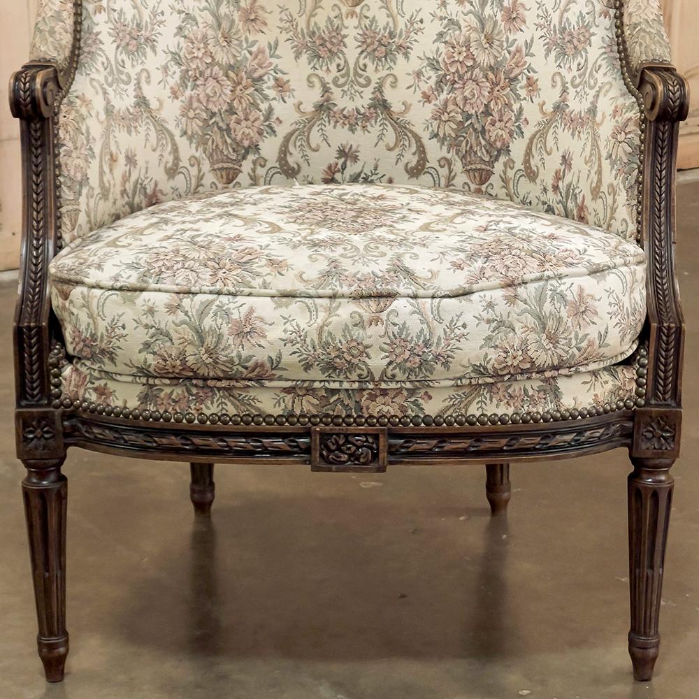 Pair 19th Century French Louis XVI Walnut Bergeres ~ Armchairs For Sale 5