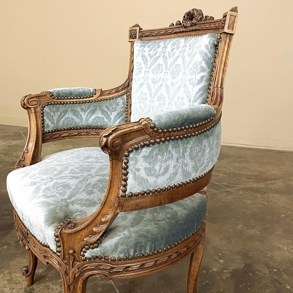 Pair 19th Century French Louis XVI Walnut Bergeres, Armchairs For Sale 7