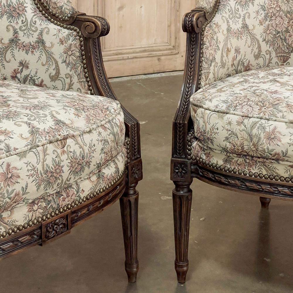 Pair 19th Century French Louis XVI Walnut Bergeres ~ Armchairs For Sale 11