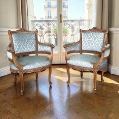 Pair 19th Century French Louis XVI Walnut Bergeres, Armchairs