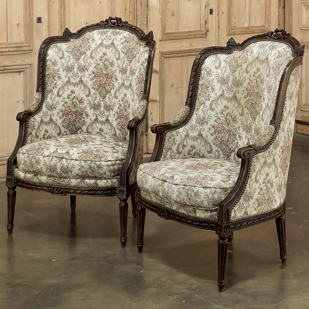 Hand-Carved Pair 19th Century French Louis XVI Walnut Bergeres ~ Armchairs For Sale