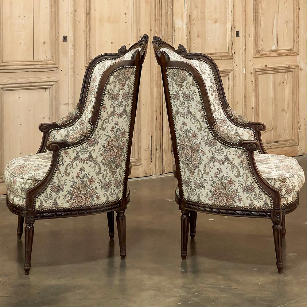 Pair 19th Century French Louis XVI Walnut Bergeres ~ Armchairs In Good Condition For Sale In Dallas, TX