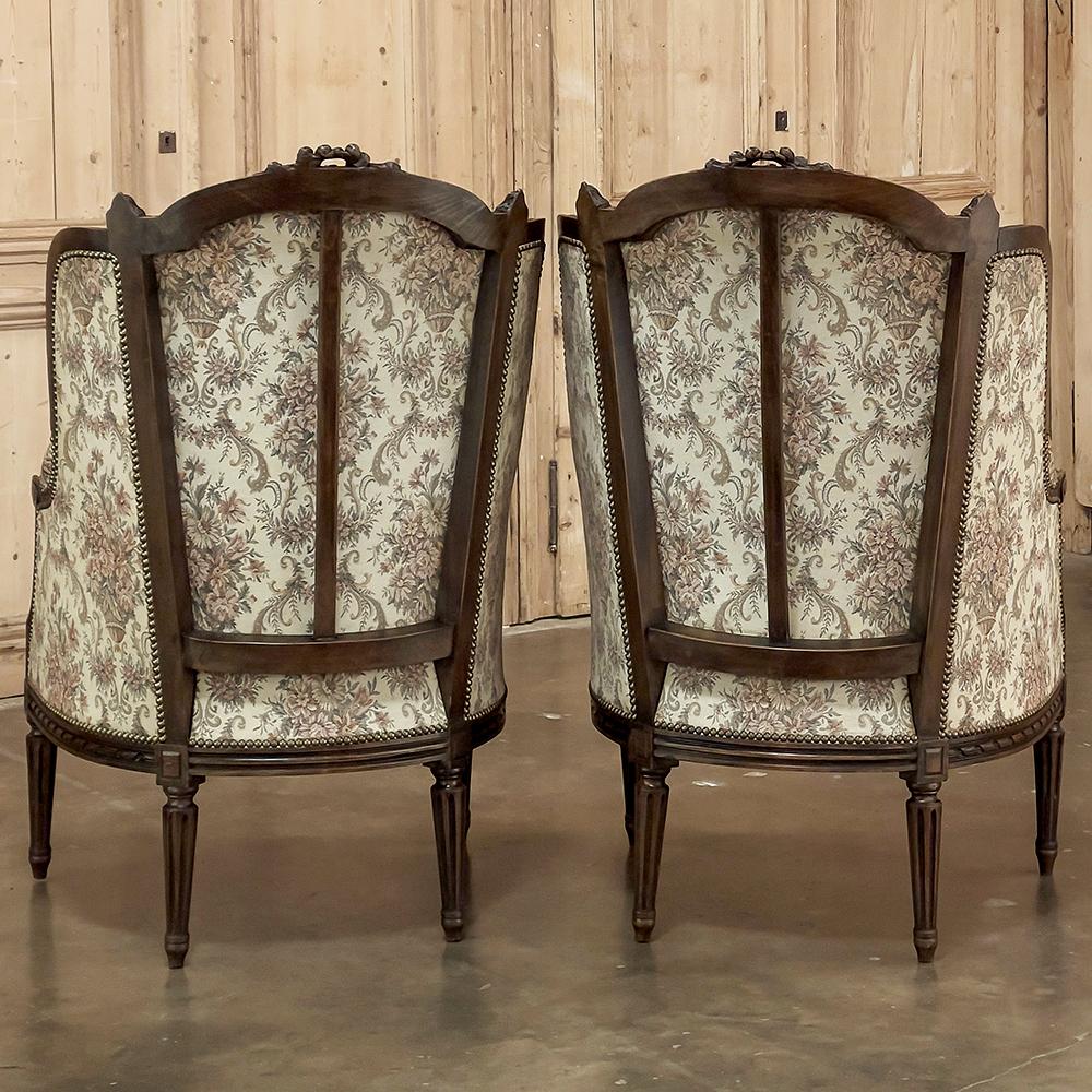 Late 19th Century Pair 19th Century French Louis XVI Walnut Bergeres ~ Armchairs For Sale