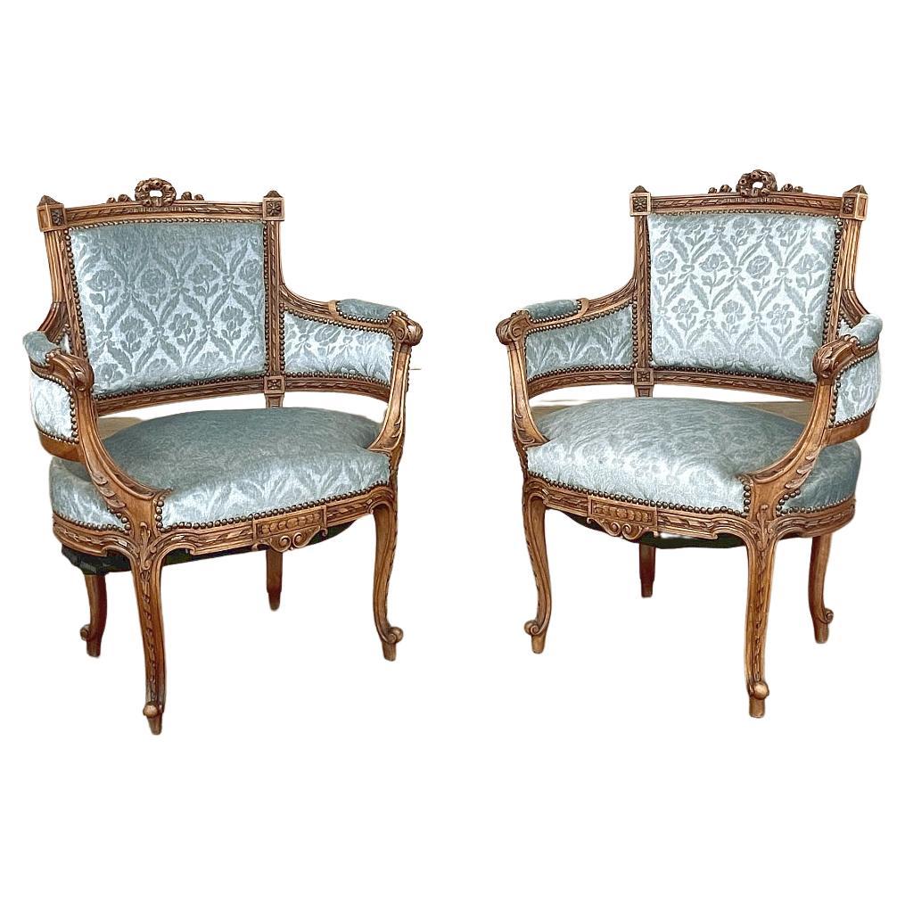 Pair 19th Century French Louis XVI Walnut Bergeres, Armchairs For Sale