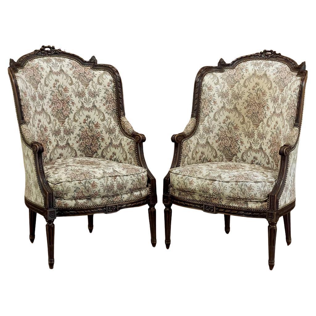 Pair 19th Century French Louis XVI Walnut Bergeres ~ Armchairs For Sale