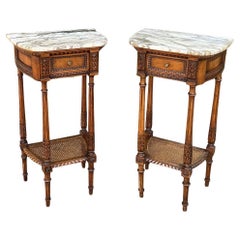 Pair 19th Century French Louis XVI Walnut Marble Top Nightstands ~ End Tables