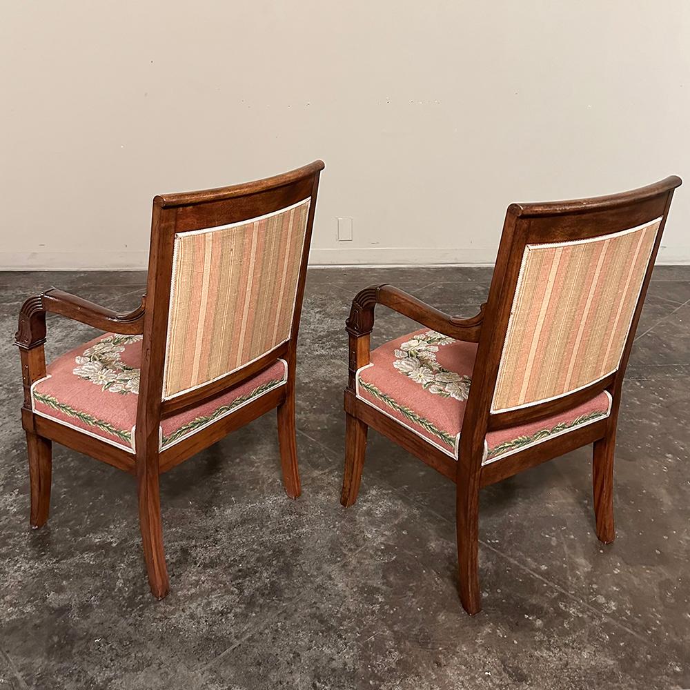 PAIR 19th Century French Mahogany Empire Armchairs with Needlepoint Tapestry For Sale 3