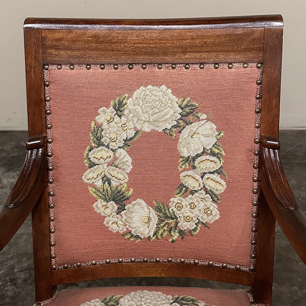 PAIR 19th Century French Mahogany Empire Armchairs with Needlepoint Tapestry For Sale 3