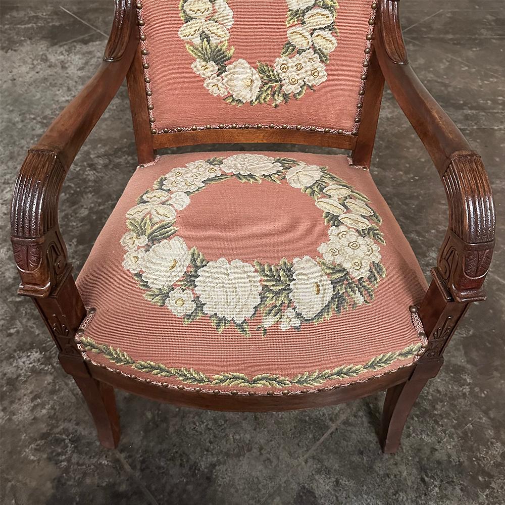 PAIR 19th Century French Mahogany Empire Armchairs with Needlepoint Tapestry For Sale 4