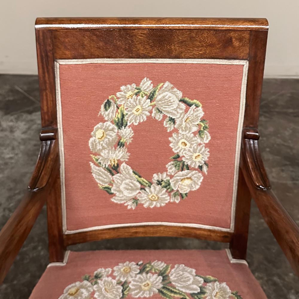 PAIR 19th Century French Mahogany Empire Armchairs with Needlepoint Tapestry For Sale 6
