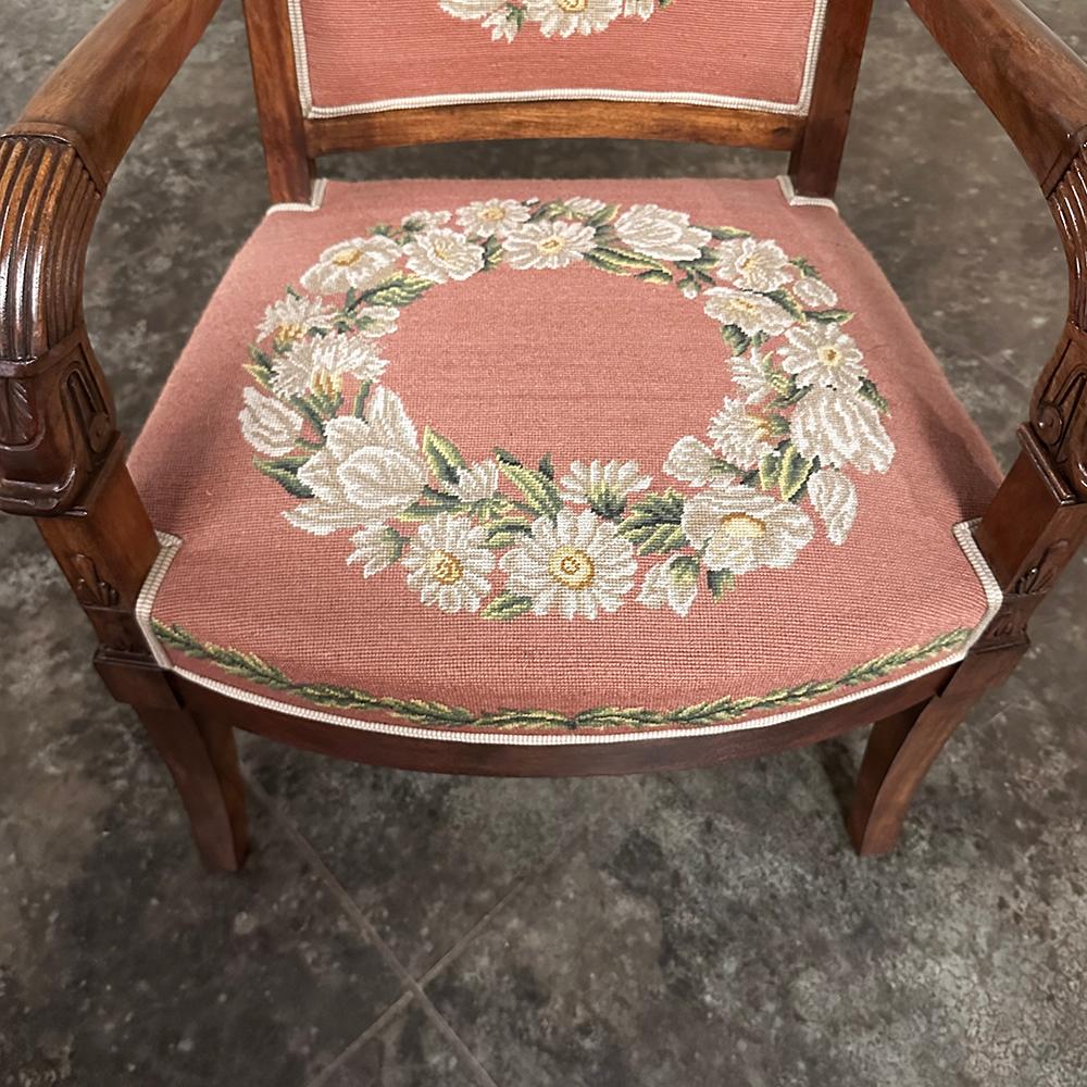 PAIR 19th Century French Mahogany Empire Armchairs with Needlepoint Tapestry For Sale 7
