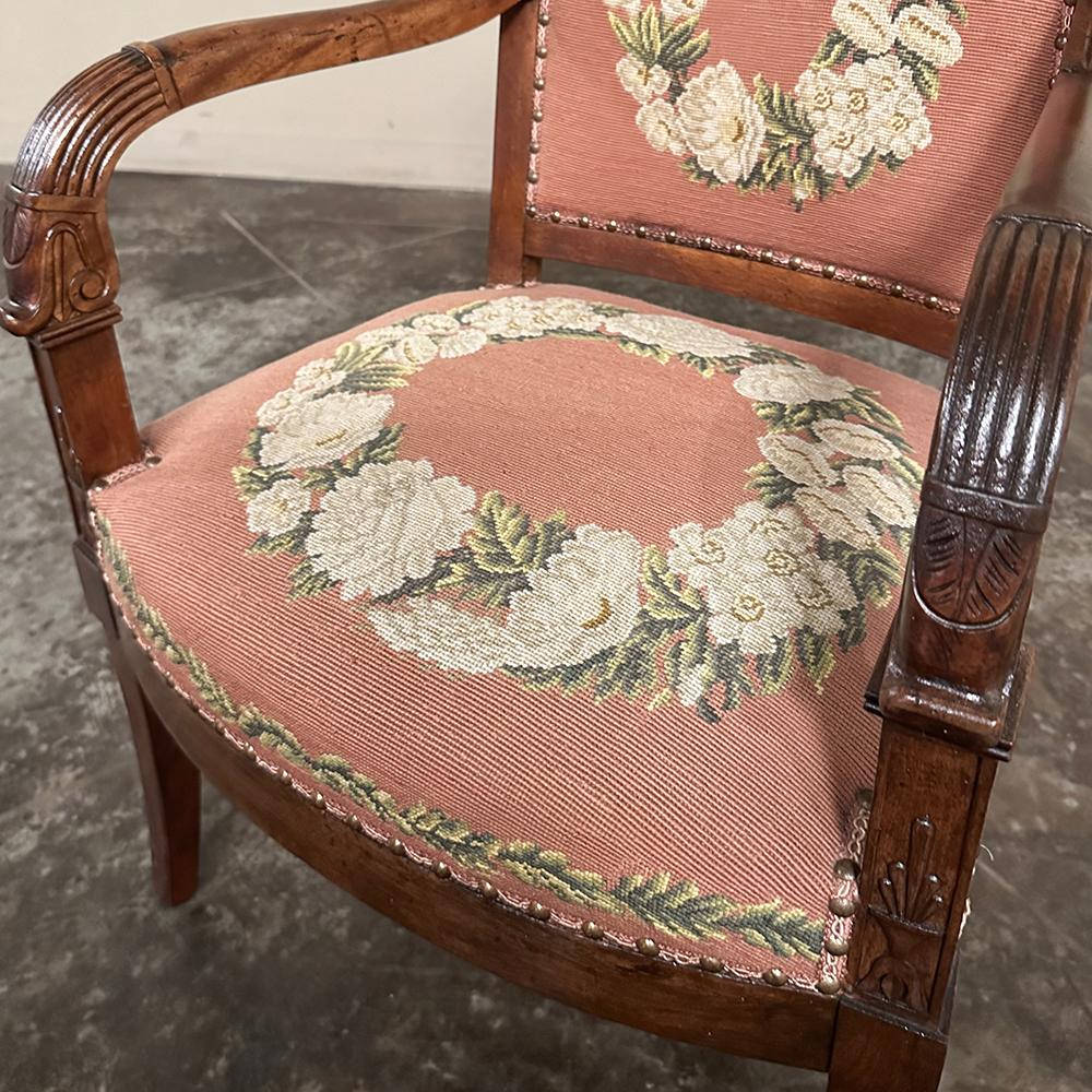 PAIR 19th Century French Mahogany Empire Armchairs with Needlepoint Tapestry For Sale 8