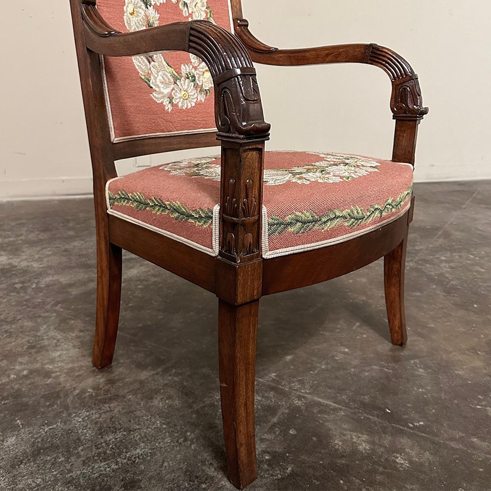 PAIR 19th Century French Mahogany Empire Armchairs with Needlepoint Tapestry For Sale 10