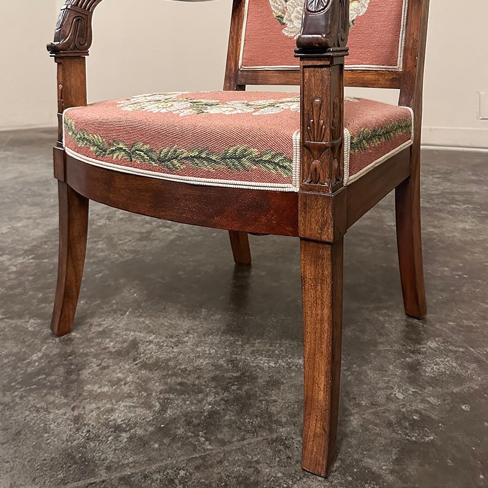 PAIR 19th Century French Mahogany Empire Armchairs with Needlepoint Tapestry For Sale 12