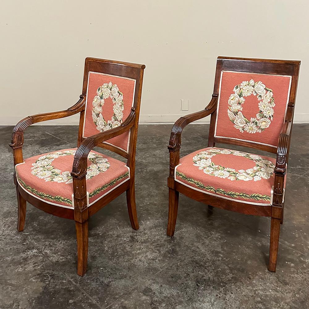 Empire Revival PAIR 19th Century French Mahogany Empire Armchairs with Needlepoint Tapestry For Sale