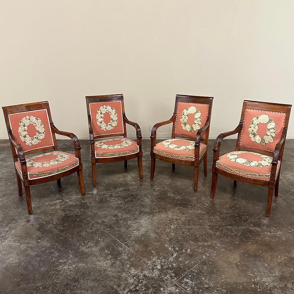 Hand-Carved PAIR 19th Century French Mahogany Empire Armchairs with Needlepoint Tapestry For Sale