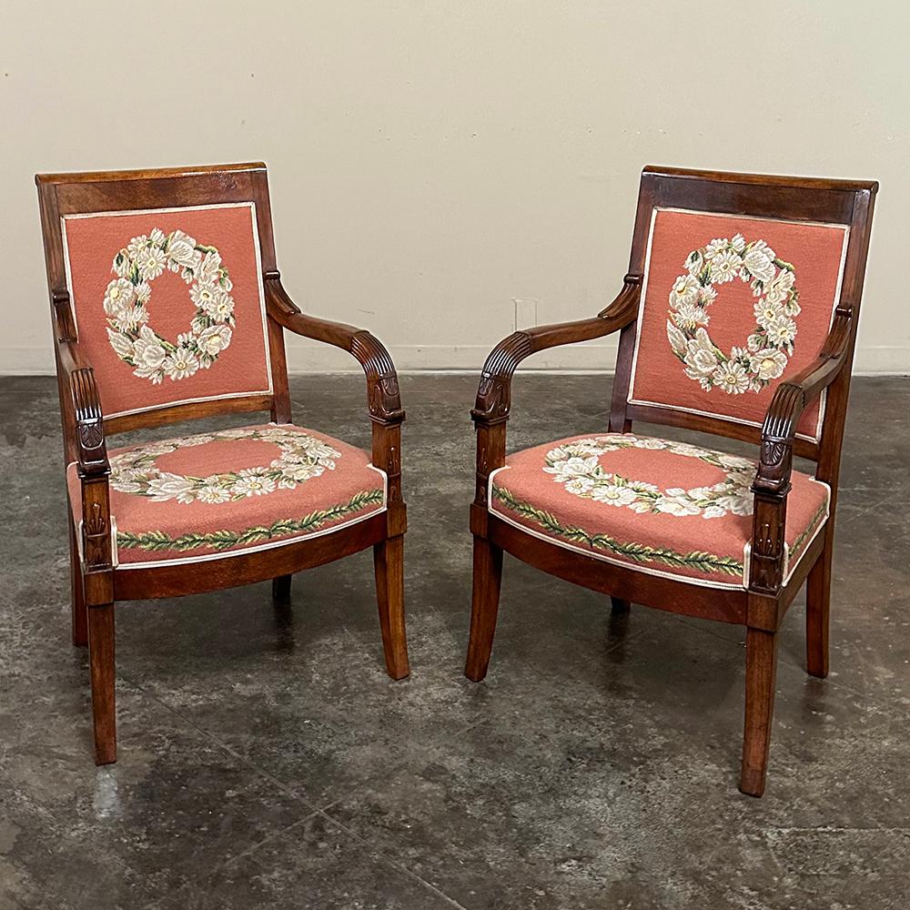 PAIR 19th Century French Mahogany Empire Armchairs with Needlepoint Tapestry In Good Condition For Sale In Dallas, TX