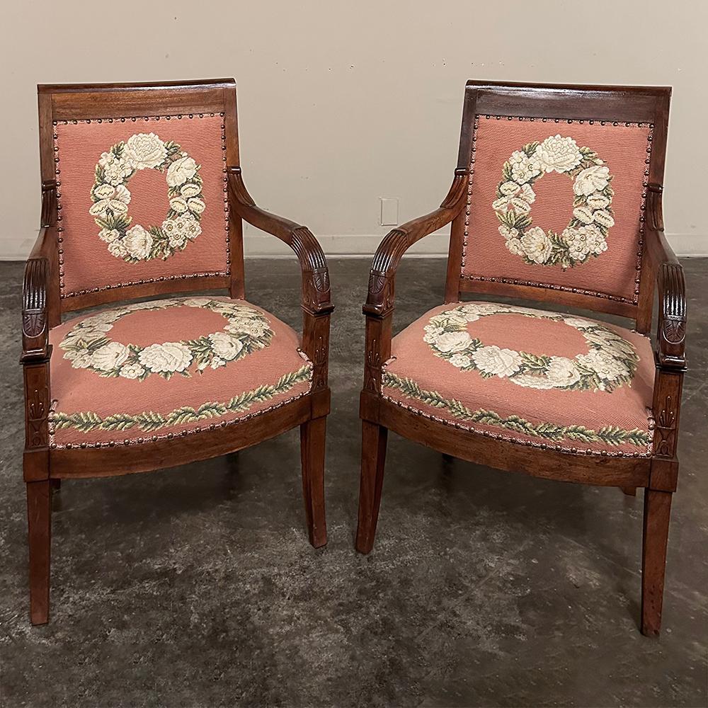 PAIR 19th Century French Mahogany Empire Armchairs with Needlepoint Tapestry In Good Condition For Sale In Dallas, TX