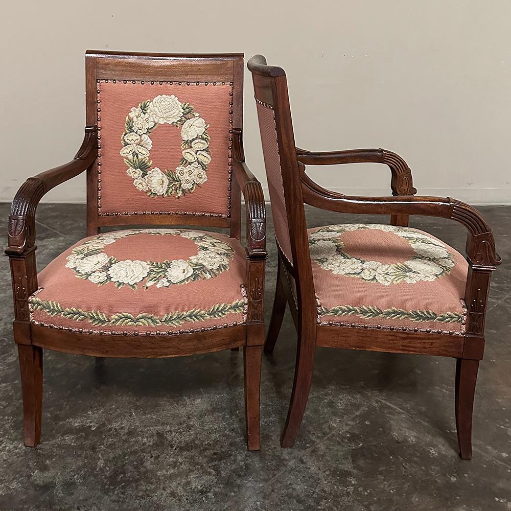 Late 19th Century PAIR 19th Century French Mahogany Empire Armchairs with Needlepoint Tapestry For Sale