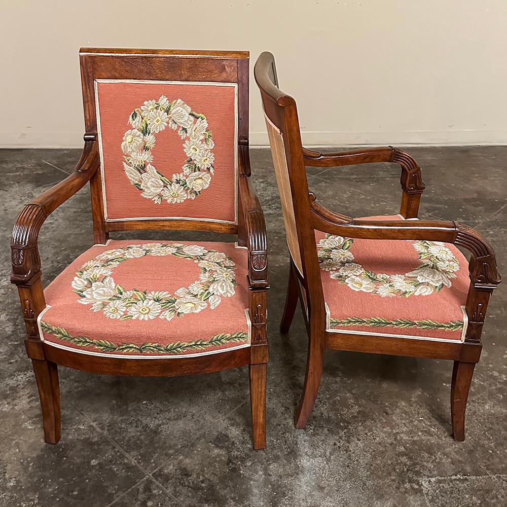 Wool PAIR 19th Century French Mahogany Empire Armchairs with Needlepoint Tapestry For Sale