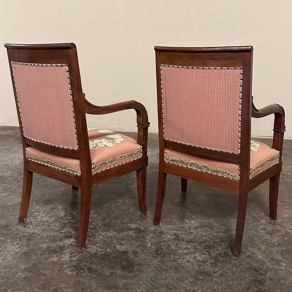 Wool PAIR 19th Century French Mahogany Empire Armchairs with Needlepoint Tapestry For Sale