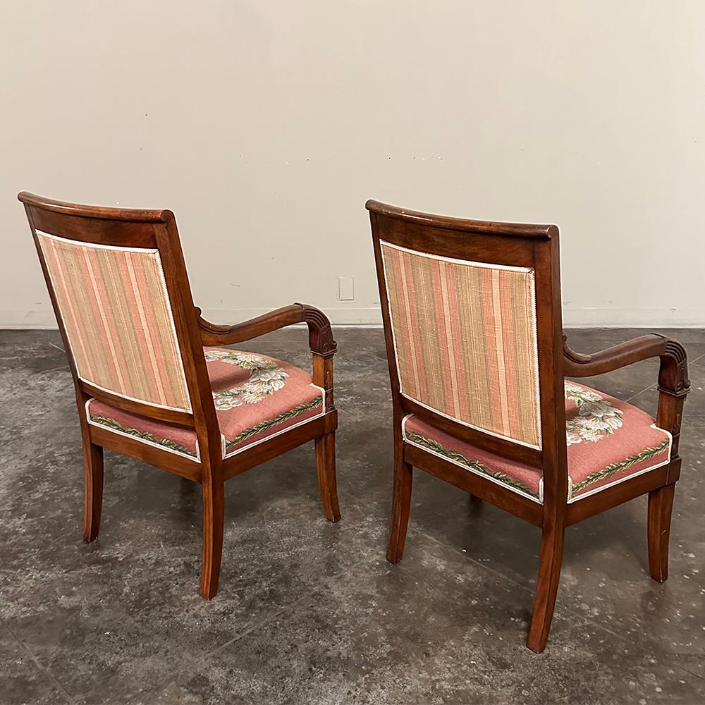 PAIR 19th Century French Mahogany Empire Armchairs with Needlepoint Tapestry For Sale 1