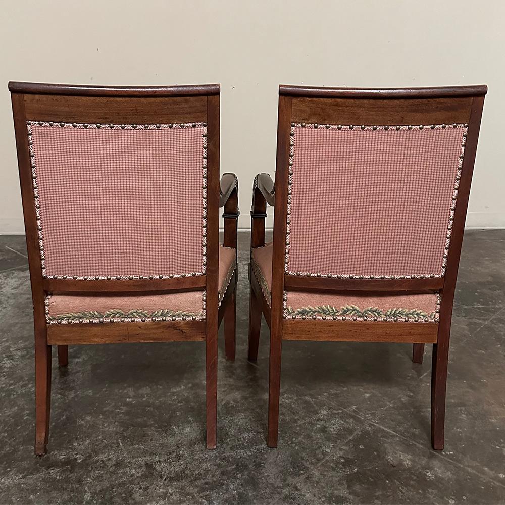 PAIR 19th Century French Mahogany Empire Armchairs with Needlepoint Tapestry For Sale 1