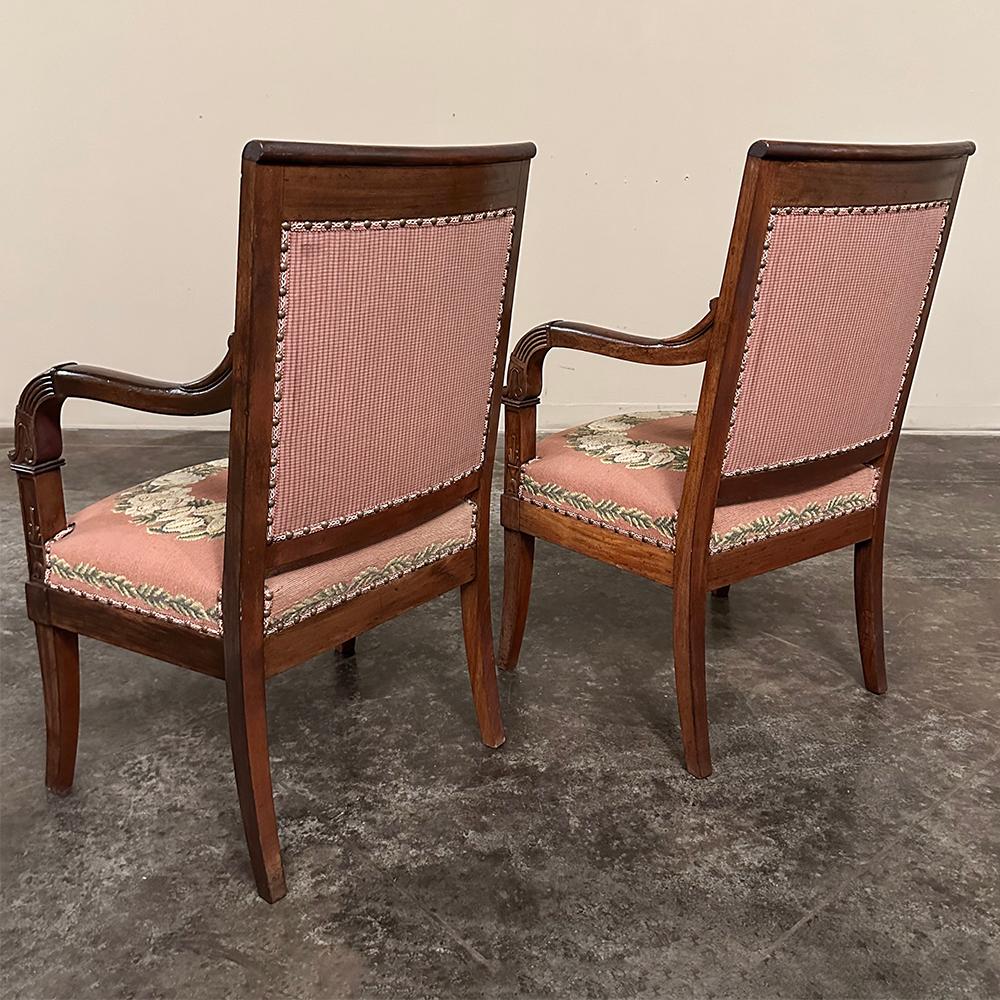 PAIR 19th Century French Mahogany Empire Armchairs with Needlepoint Tapestry For Sale 2
