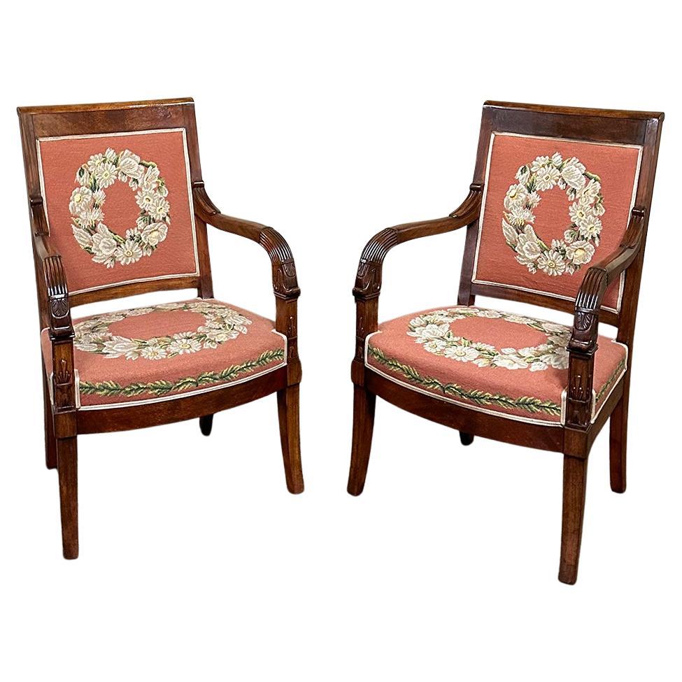 PAIR 19th Century French Mahogany Empire Armchairs with Needlepoint Tapestry