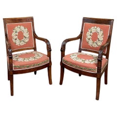 Antique PAIR 19th Century French Mahogany Empire Armchairs with Needlepoint Tapestry