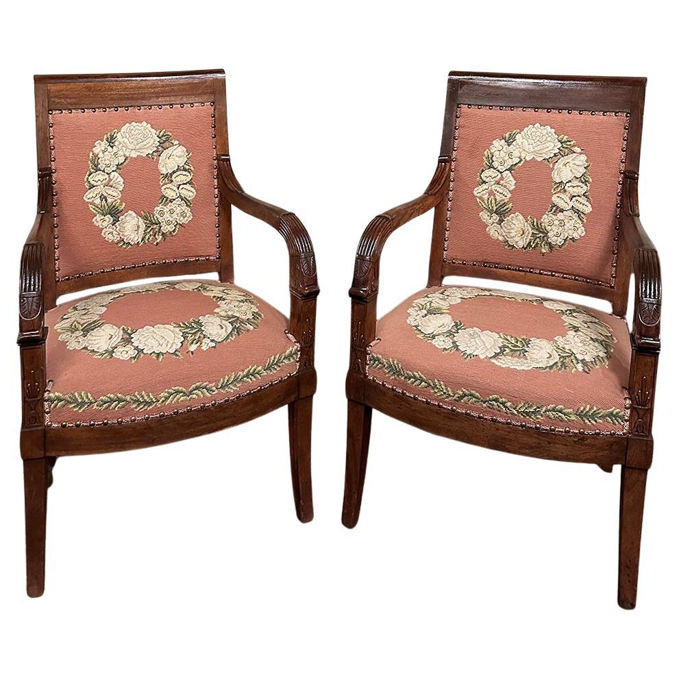 PAIR 19th Century French Mahogany Empire Armchairs with Needlepoint Tapestry For Sale