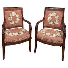 Used PAIR 19th Century French Mahogany Empire Armchairs with Needlepoint Tapestry