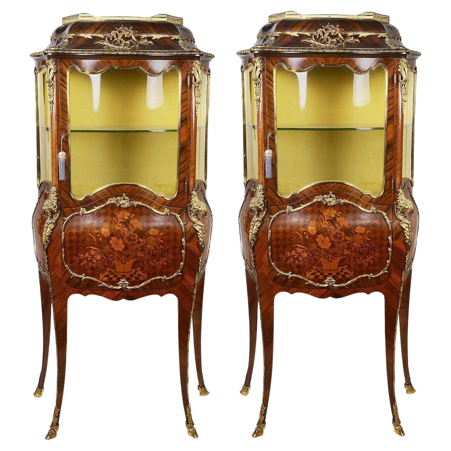 Pair 19th Century French Marquetry Inlaid Display Cabinets For Sale