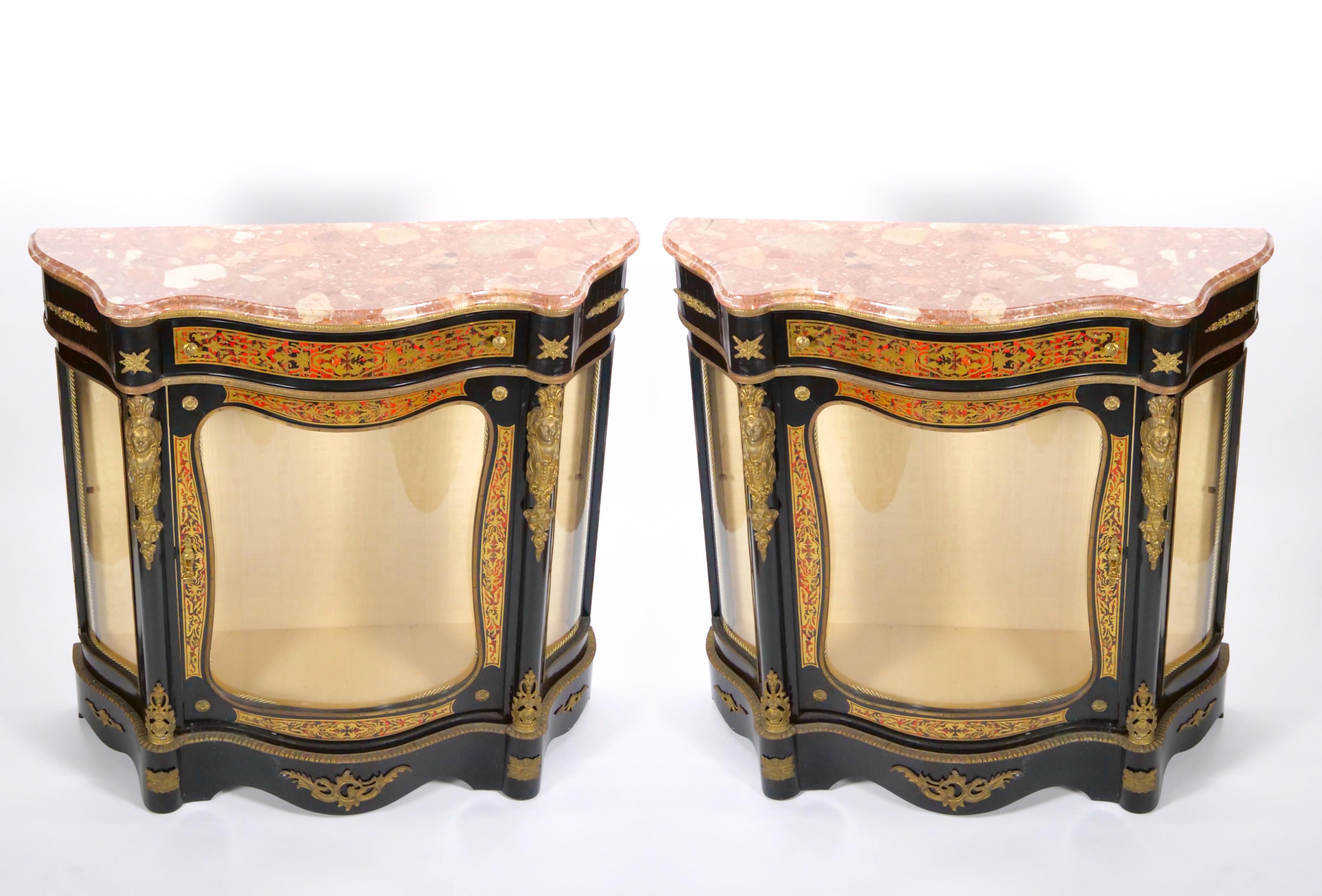 Louis XV Pair 19th Century French Napoleon III Boulle Marquetry Ebonized Side Cabinets  For Sale