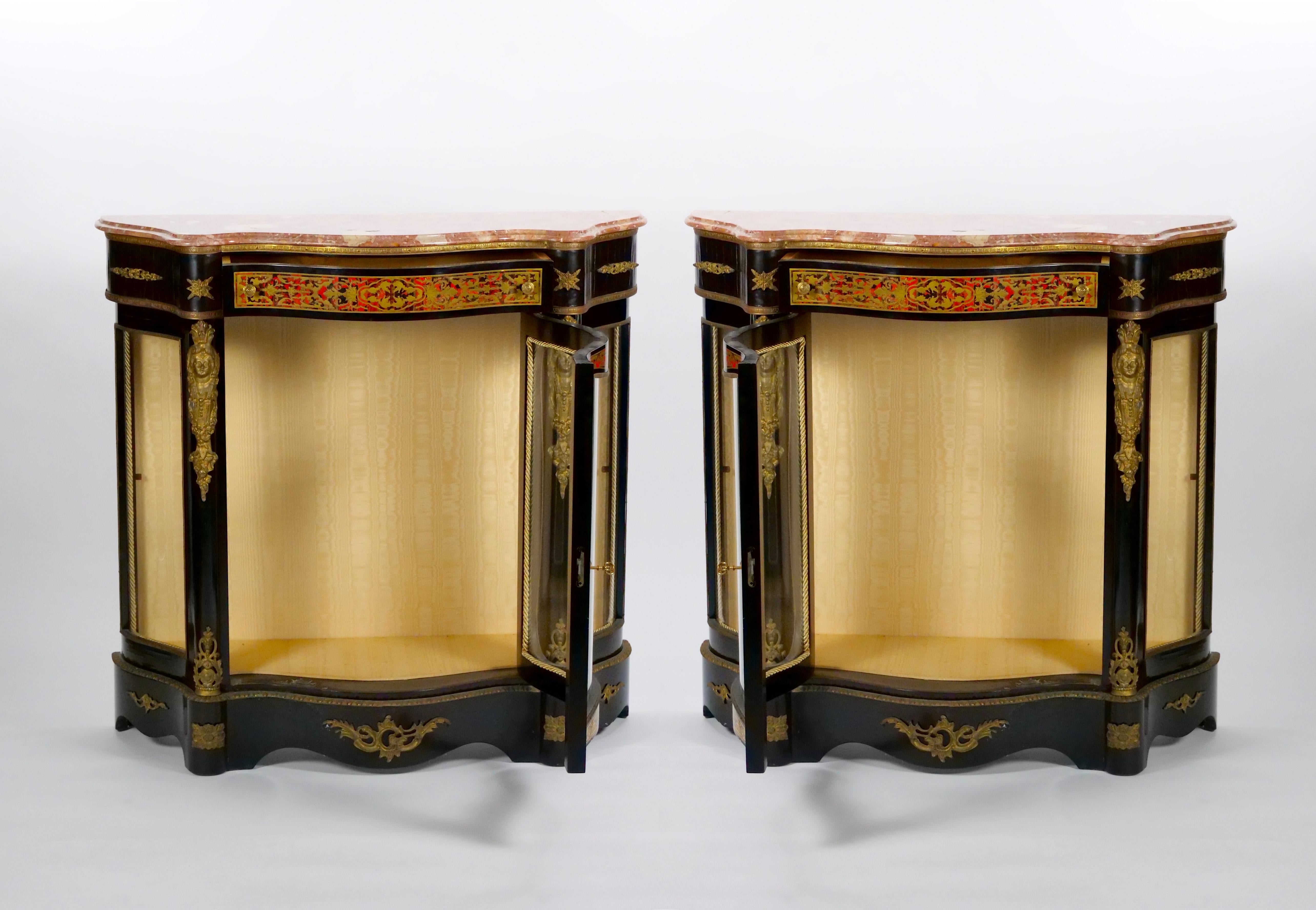 Hand-Carved Pair 19th Century French Napoleon III Boulle Marquetry Ebonized Side Cabinets  For Sale