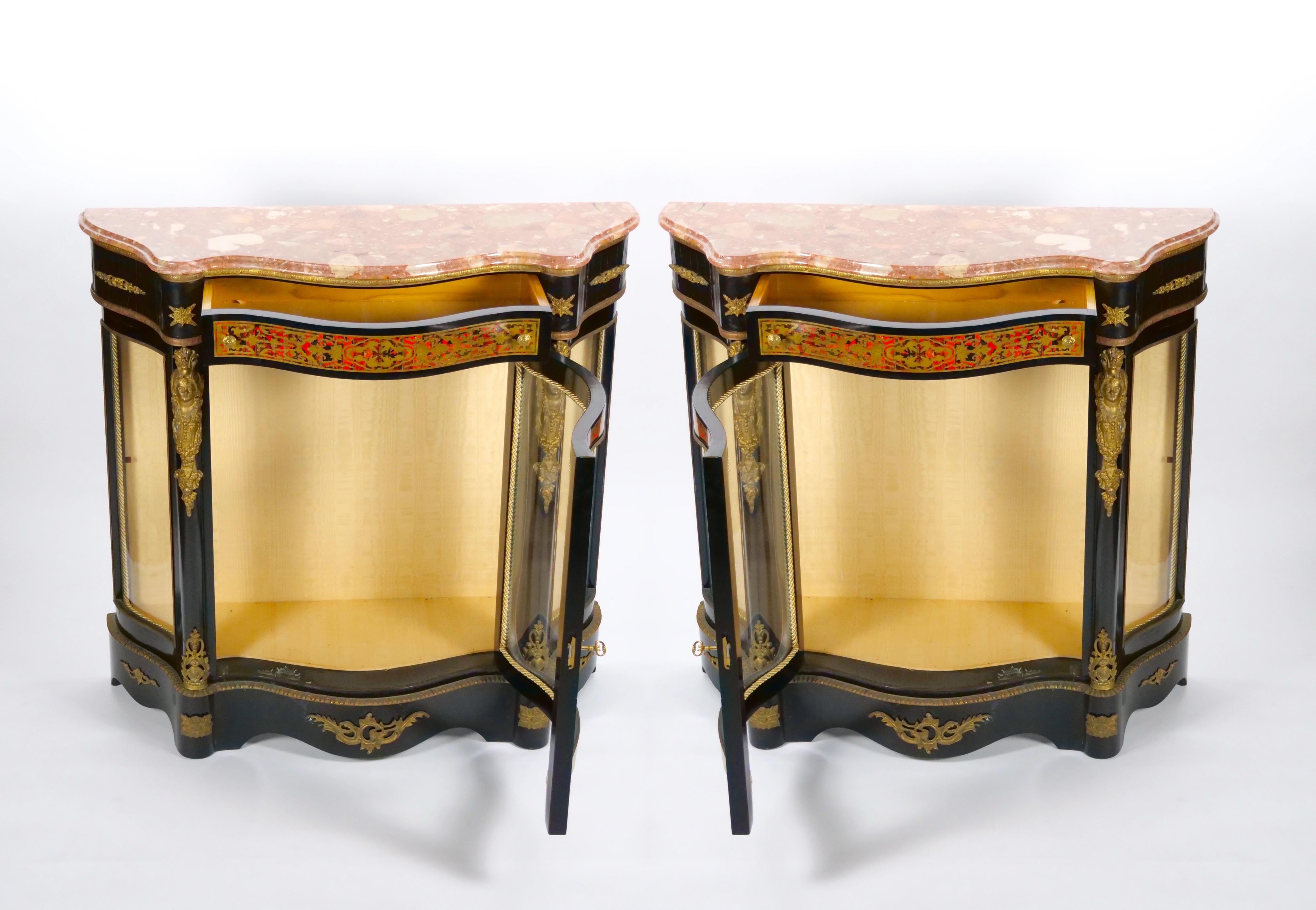 Pair 19th Century French Napoleon III Boulle Marquetry Ebonized Side Cabinets  In Good Condition For Sale In Tarry Town, NY
