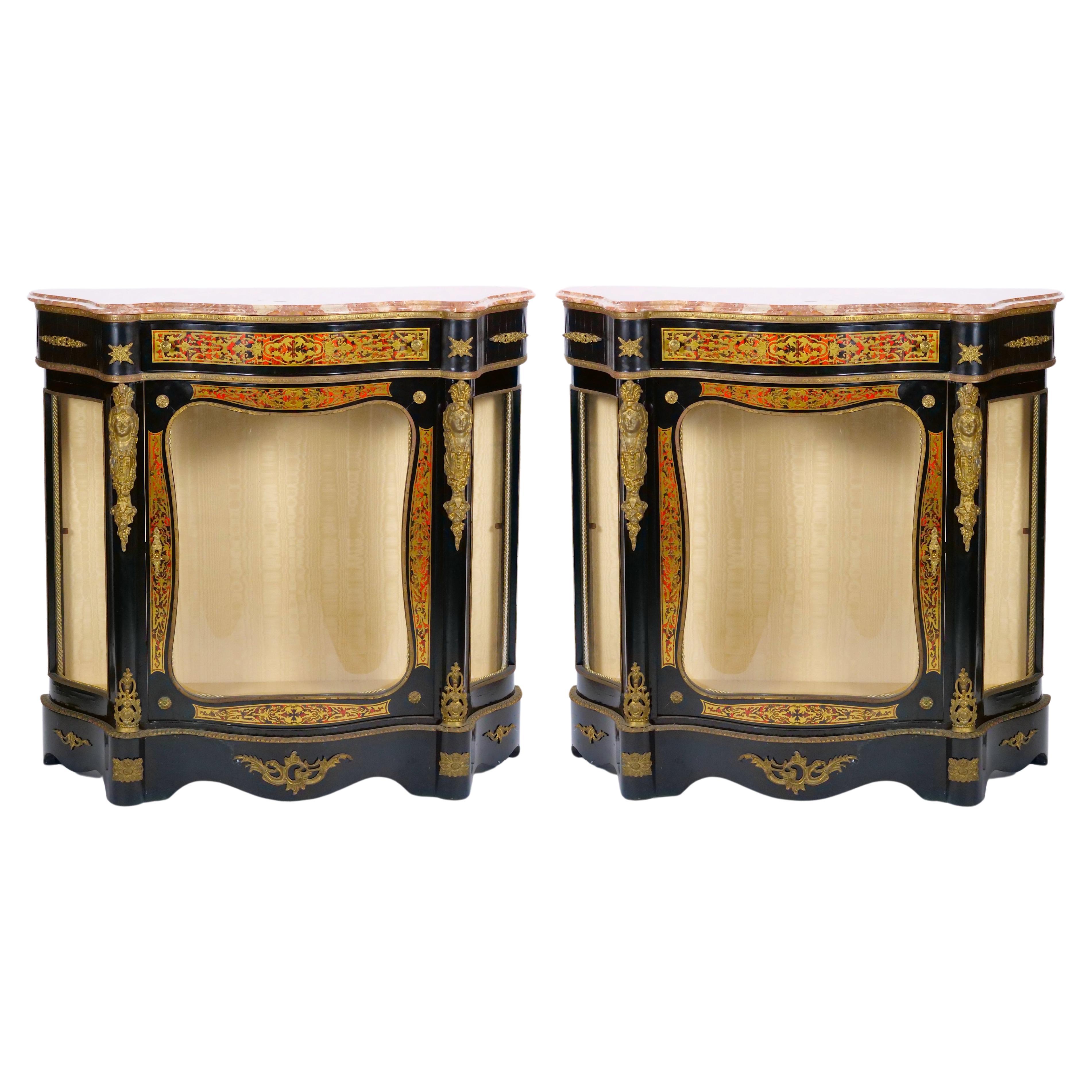 Pair 19th Century French Napoleon III Boulle Marquetry Ebonized Side Cabinets  For Sale