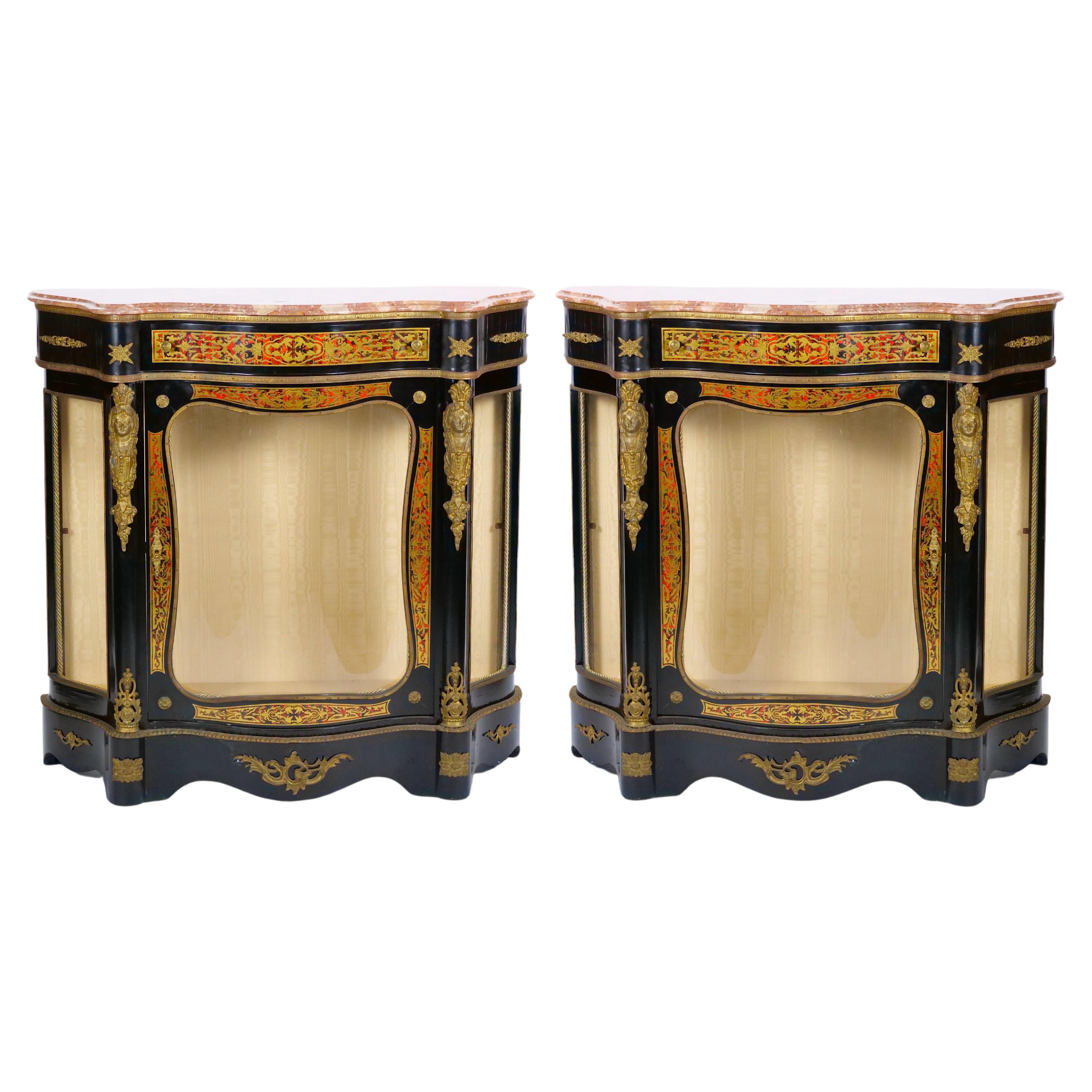 Pair 19th Century French Napoleon III Boulle Marquetry Ebonized Side Cabinets